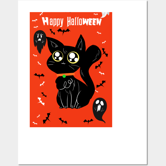 Happy Halloween - Orange and Black Big Eyed Cat Wall Art by saradaboru